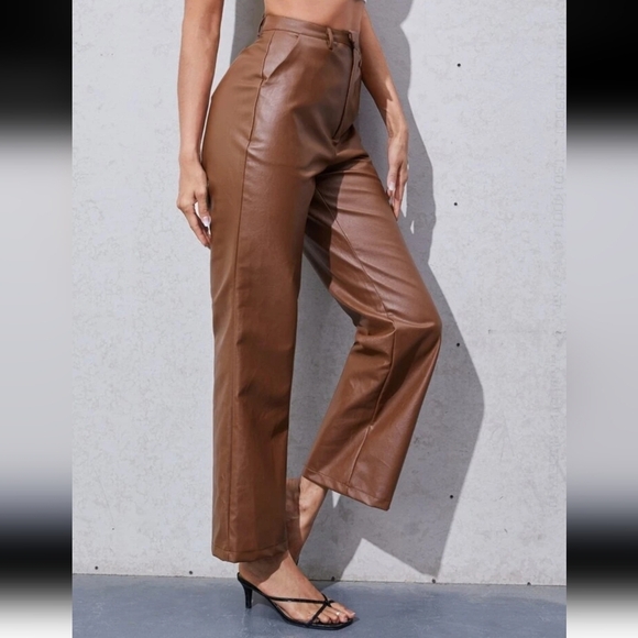 SHEIN Pants - Shein Brown Straight Leg High Waisted Rise Pants Faux Leather Vegan Minimalist